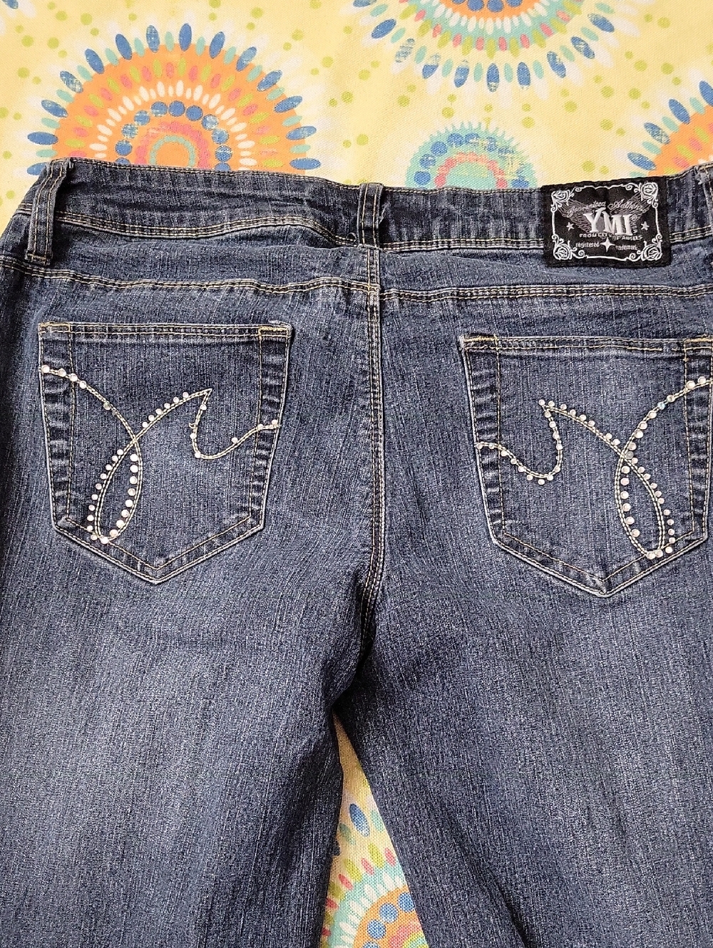 YMI Women's Dark Blue Rhinestone Pocket Bootcut Jeans